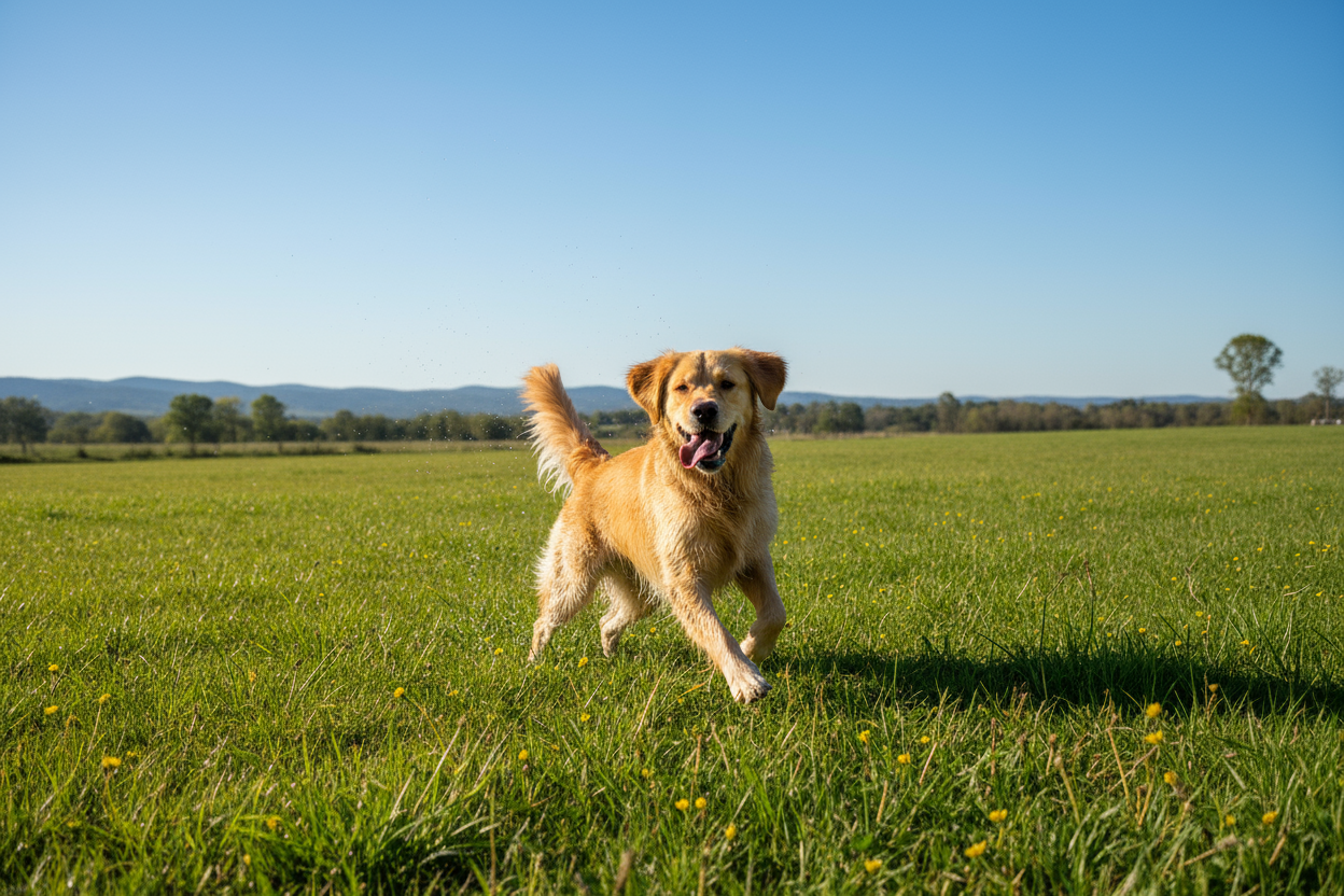buiten speeldene hond heel blij (realistisch)
