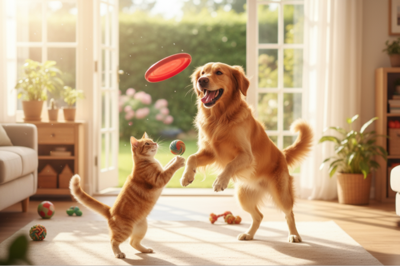 maak een banner afbeelding van spelende huisdieren die plezier hebben (maak het realistisch)